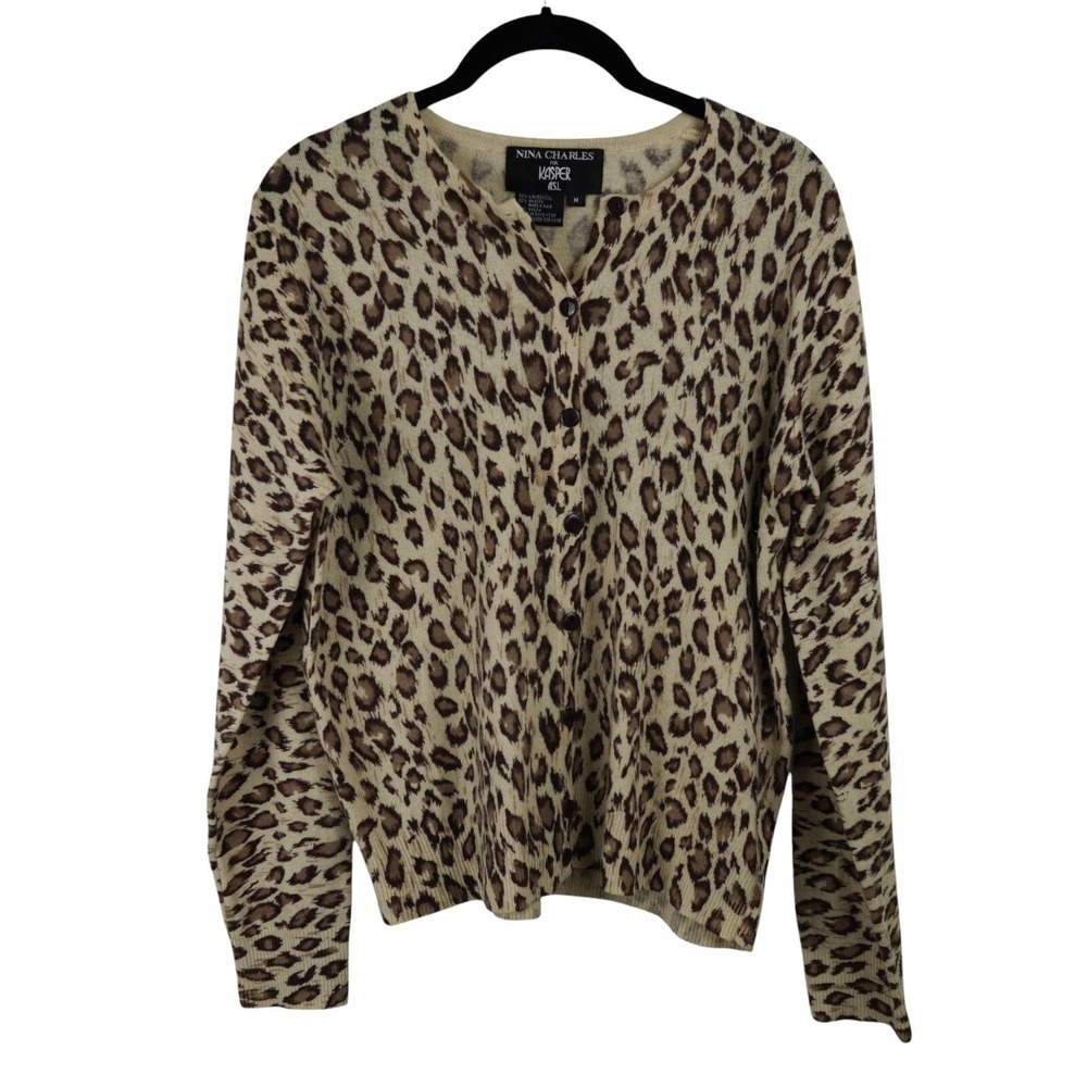 Vintage Nina Charles for Kasper ASL Cardigan Women M Leopard Lambswool Angora